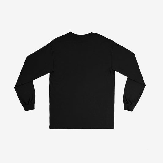 Egor Letov black unisex long sleeve T-shirt featuring Русское поле экспериментов album by Grazhdanskaya Oborona. Back side. www.egorletov.com