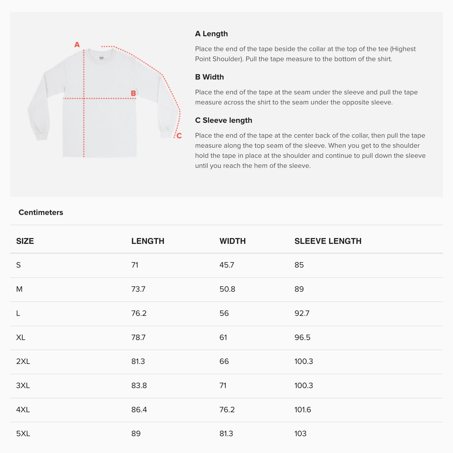 Unisex long sleeve T-shirt size guide. www.egorletov.com