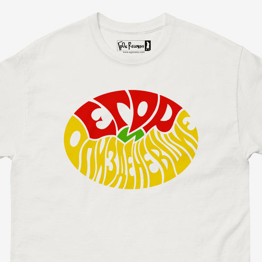 Egor i Opizdenevshie white T-shirt with original band logo in Cyrillic. Egor Letov side project shirt. Closeup photo. From egorletov.com