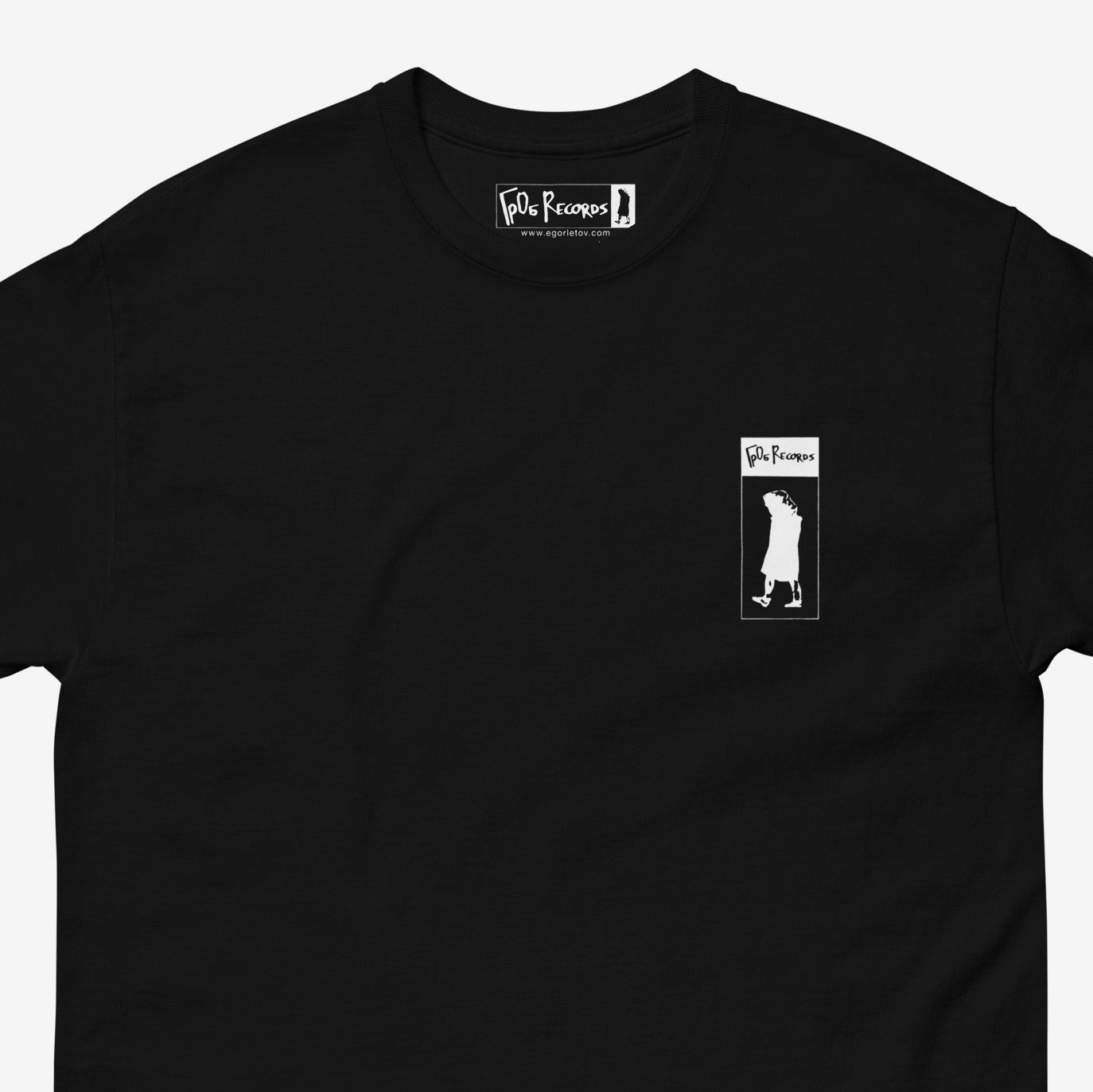 GrOb Records T-shirt with small chest logo founded by Egor Letov, minimal design. Closeup photo. From egorletov.com