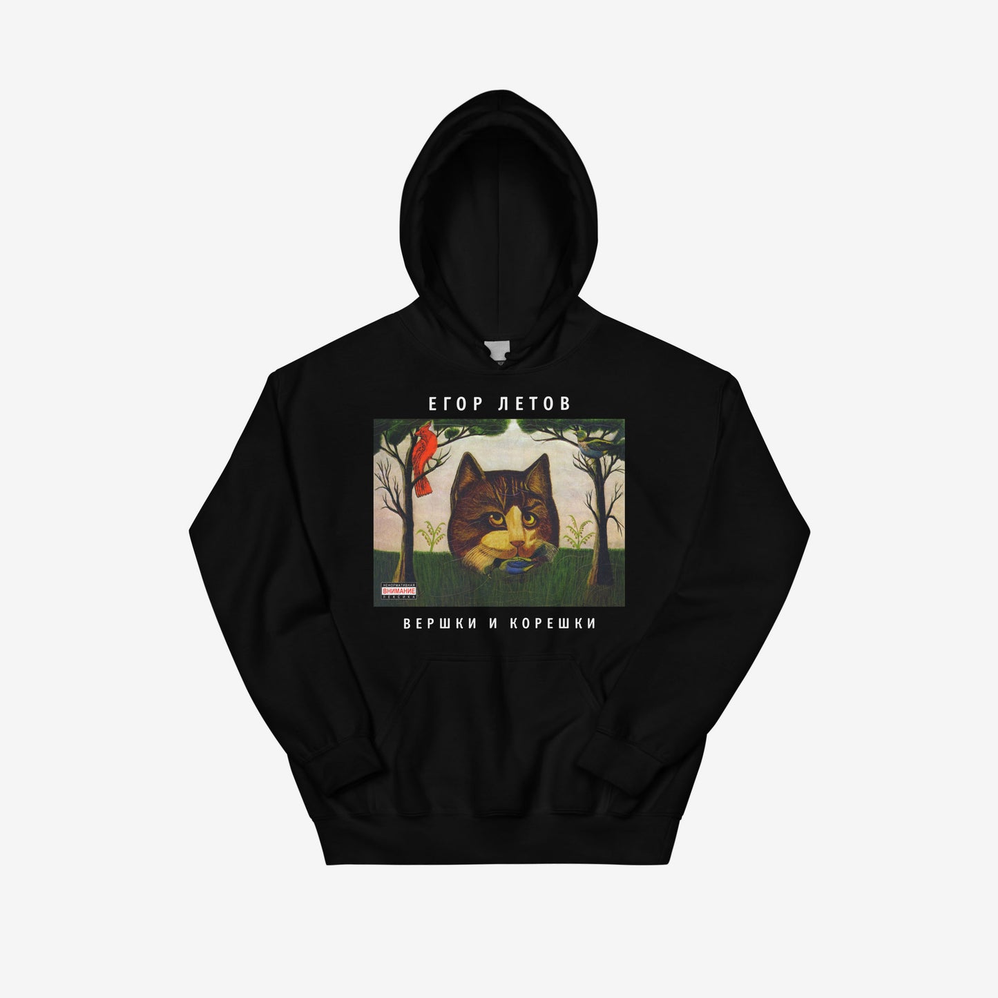 Egor Letov hoodie with Grazhdanskaya Oborona album artwork Vershki i Koreshkiwith a cat. From www.egorletov.com
