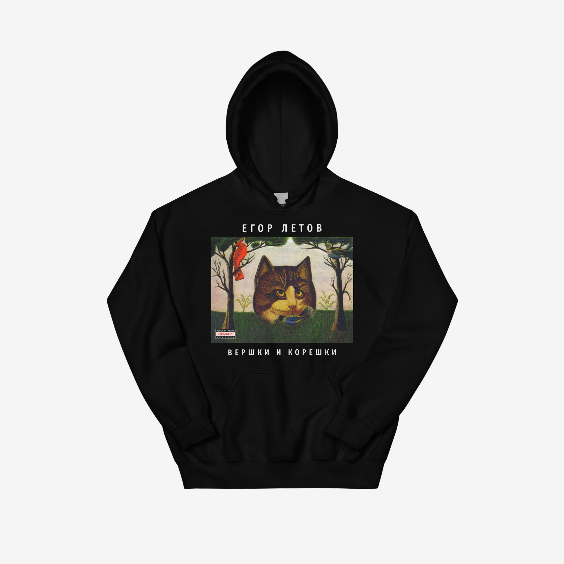 Egor Letov hoodie with Grazhdanskaya Oborona album artwork Vershki i Koreshkiwith a cat. From www.egorletov.com