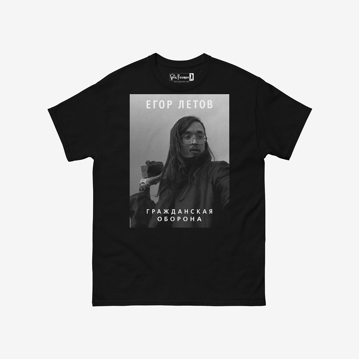 Black T-shirt with large photo of Egor Letov. Official GrOb Records merch. www.egorletov.com