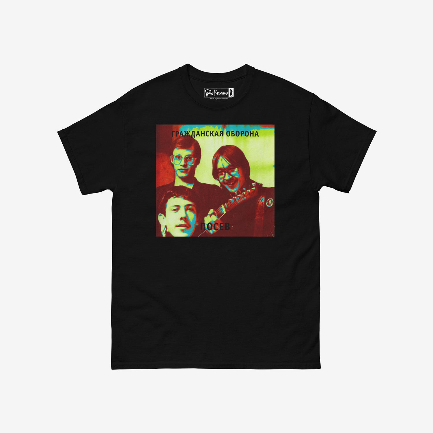 Posev album cover black T-shirt with Egor Letov and band member faces – 2004 Grazhdanskaya Oborona merch. From www.egorletov.com