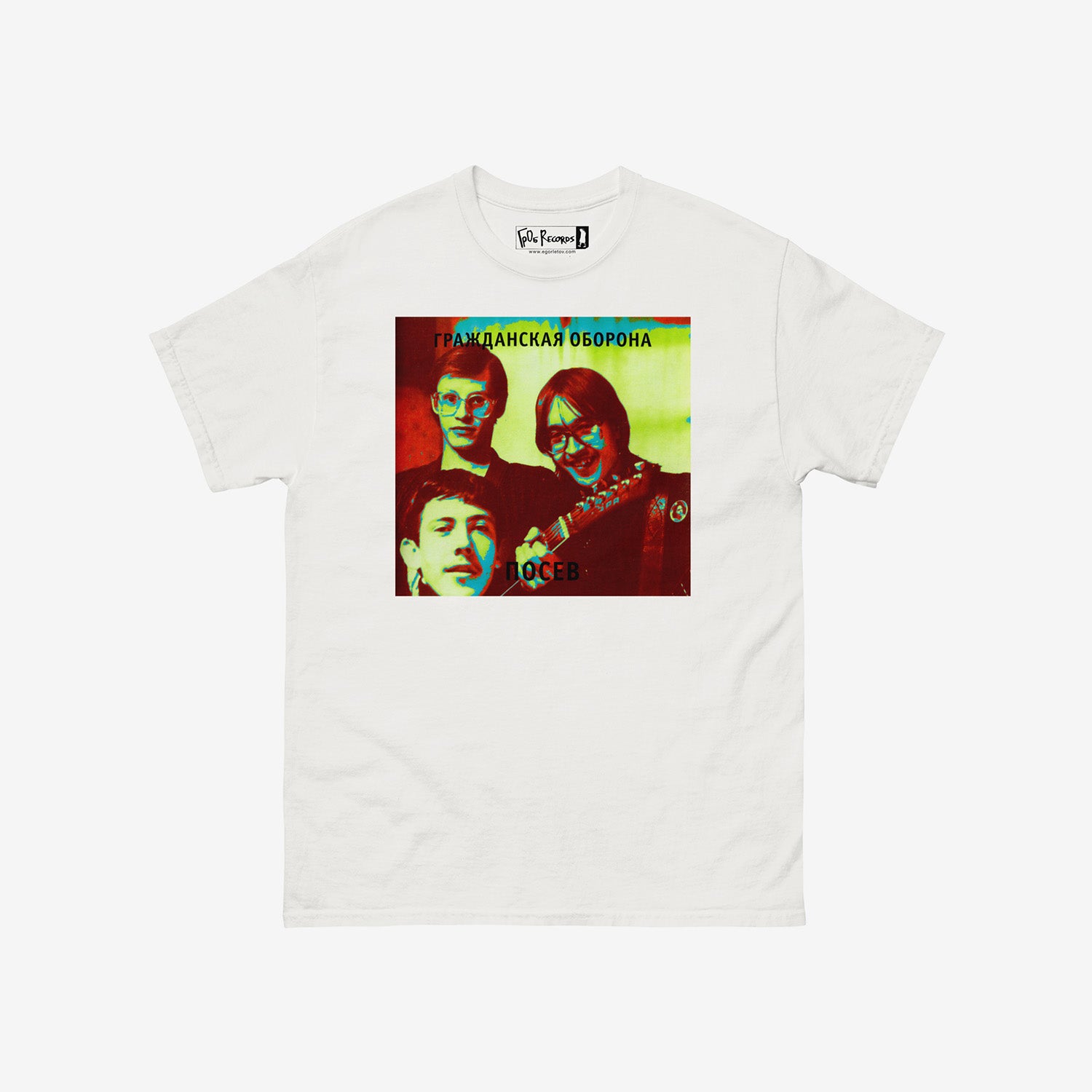 Posev album cover white T-shirt with Egor Letov and band member faces – 2004 Grazhdanskaya Oborona merch. From www.egorletov.com